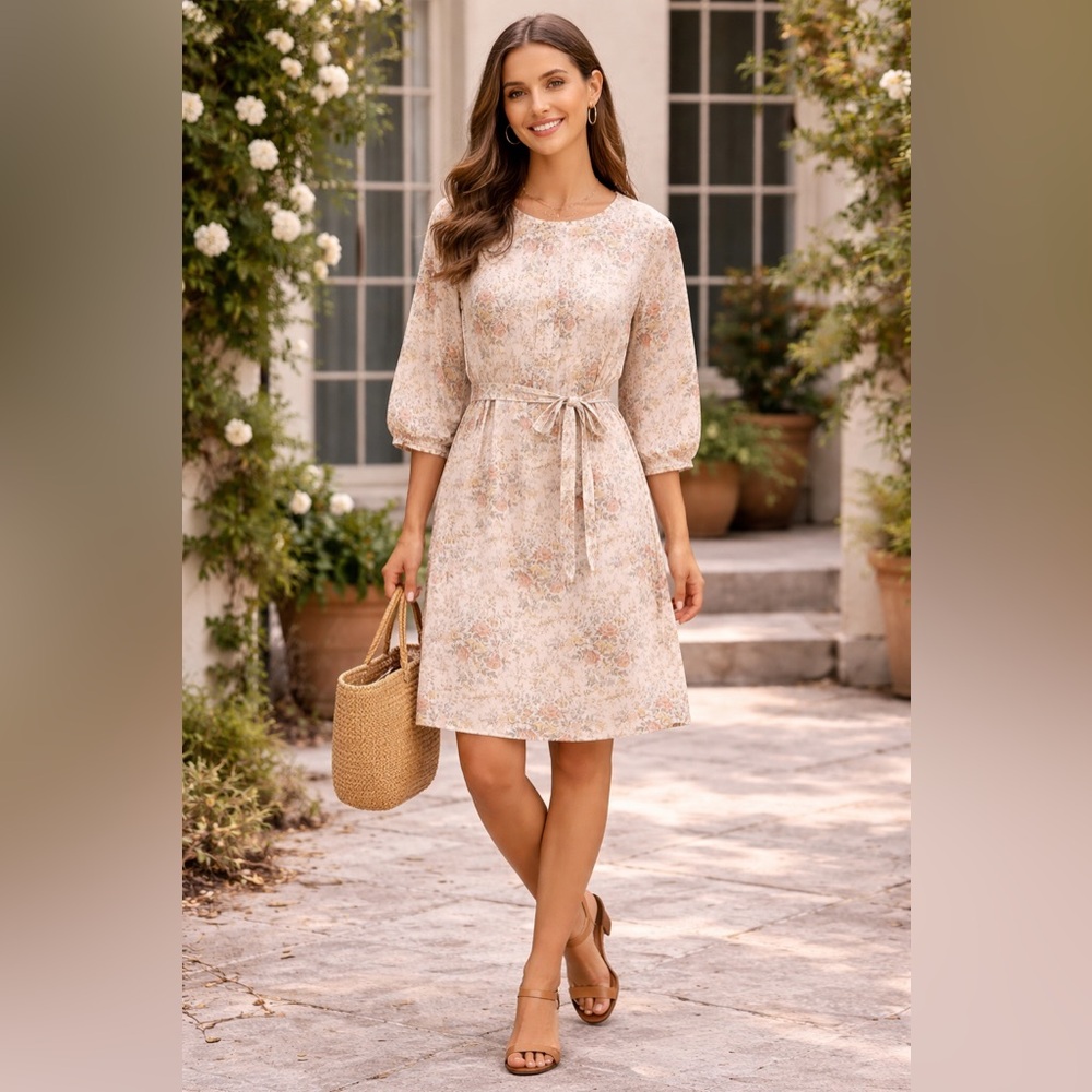 Cream Floral Long Sleeve Dress